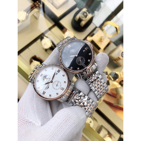 品牌:浪琴-LONGINES 表带:进口小牛皮/316精钢机芯:全自动机械机芯玻璃:高级强化镀膜镜面尺寸:直径40mm,厚度12mm 品牌:浪琴-LONGINES 表带:进口小牛皮/316精钢机芯:全自动机械机芯玻璃:高级强化镀膜镜面尺寸:直径40mm,厚度12mm
