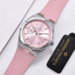 FK-VACHERON CONSTANTIN【江诗丹顿】纵横四海系列火热上市，突破传统，时尚优雅的多彩表带，可满足佩戴者在不同场合的需求，多样化的色彩设计演绎大胆而时尚的风格，江诗丹顿在装置时始终将舒适性放在首位，确保腕表完美贴合手腕，纯钢表壳，进口石英机芯，蓝宝石水晶玻璃，舒适胶质表带，采用原装针式表扣佩戴方便！尺寸:36.5mm