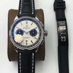 GF新品百年灵璞雅B01计时腕表Premier B01 Chronograph （吴彦祖同款）材质： 316L精钢直径： 42毫米厚度： 13.65毫米表镜： 锅盖弧面蓝宝石，双面防眩处理表底： 旋入式精钢，透明蓝宝石表冠： 非旋入式，双密封垫机芯：Asia-7750机芯GF出品，复刻首选！