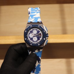 随机送迷彩橡胶带一副品牌：爱彼 Audemars Piguet系列：皇家橡树离岸型限量多功能机械腕表尺寸：44MM13MM机芯：复刻原装3126全自动机械机芯镜面：反炫光处理蓝宝石水晶玻璃材料：进口316精钢鑫表壳表带:   进口橡胶表带表扣:   原装针扣(H厂出品，市场最高版本，超高品质，超A做工，非市场普通货，硬汉必备神器)