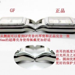 卡地亚猎豹Panthre de Cartier。华丽而不羁，是Panthre de Cartier猎豹所传达的美学风格。它线条流畅，魅惑动人，柔软服帖于腕间，宛若在肌肤上翩翩起舞。独特的造型彰显成熟优雅、自信动人的女性形象。GF工厂以精湛技艺，原装开模，打造出与正品无异的精美流线表耳，与表壳一体成型。搭载瑞士朗达石英机芯，316L精钢壳套，尺寸：27 x 37毫米，厚度：6毫米，表冠镶嵌一颗合成蓝色尖晶石，镀银表盘，剑形蓝钢指针，100%三度防水。搭配专柜旅行包装物料。商品规格:默认规格