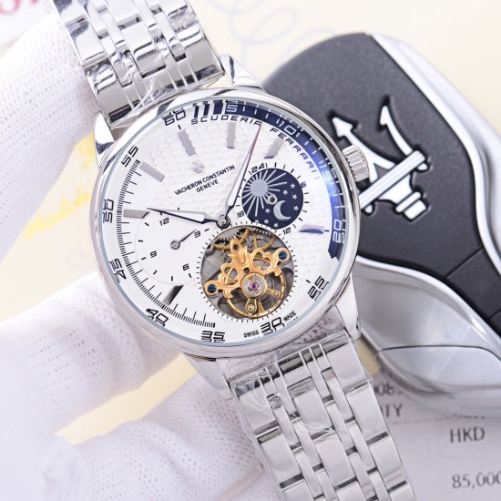 品牌：江诗丹顿 -Vacheron Constantin  类型：[酷]男士夜光腕表表壳：316精钢（做工优质）表带：进口真牛皮/316精钢（两种可选）机芯：高级定制全自动星辰月相驼飞轮机械机芯（走时稳定）玻璃：高级强化镀膜镜面尺寸：直径41mm，厚度13mm。