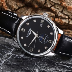 实物拍摄品牌：浪琴-LONGINES 类型：[酷]男士腕表表壳：316精钢（做工优质）表带：进口小牛皮/316精钢（两种可选）机芯：高级定制全自动机械机芯（走时稳定）玻璃：高级强化镀膜镜面尺寸：直径40mm，厚度12.5mm