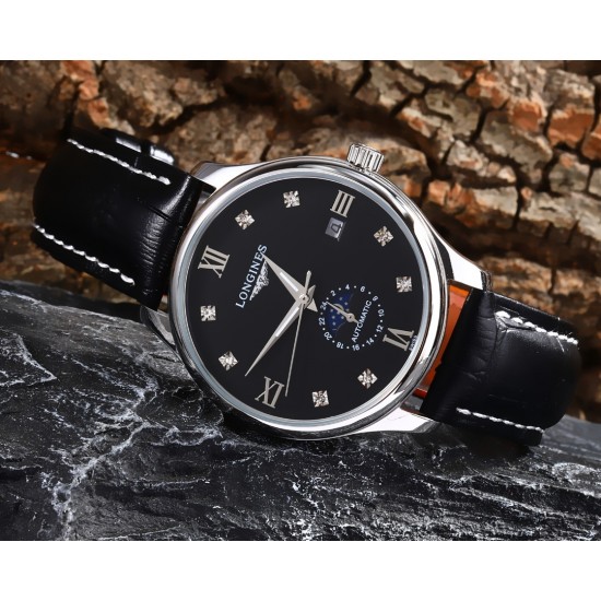 实物拍摄品牌：浪琴-LONGINES 类型：[酷]男士腕表表壳：316精钢（做工优质）表带：进口小牛皮/316精钢（两种可选）机芯：高级定制全自动机械机芯（走时稳定）玻璃：高级强化镀膜镜面尺寸：直径40mm，厚度12.5mm