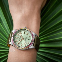 官网美图全新百年灵机械计时腕表-南海胶囊系列(chronometer Automatic 36)具有醒目的色彩和夜光.让人联想起夏日 海洋生物和葱郁草木所营造的令人陶醉的氛围。这款优雅的现代复古灵感腕表适合想在人群脱颖而出的女士。融合优异性能和造型美感，时尚而优雅，适合各种场合，多种金属表壳可供选择，镶嵌彩色宝石钻，从炫酷的精钢材质百搭双色间金乃至豪华红金，一应俱全，时标和多姿多彩表盘，搭载2824机械机芯，尺寸:36mm 是百年灵最新女士机械计时系列的灵动姐妹表款。