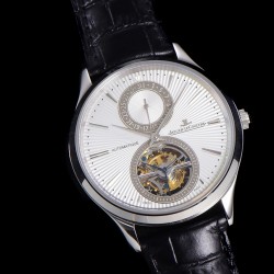 新品，积家大师系列 型號13234E1機芯cal.978 自動上鍊動力儲存48小時 錶殼 太妃形️針 錶盤採用藍色手工玑鏤琺琅作法，雕刻日期顯示窗。日内瓦钟表全新推出积家Tourbillon中軸陀飞轮日期顯示系列腕表 这枚陀飞轮具有优雅的外观和精湛的工艺 透过蓝宝石水晶玻璃底盖可一览积家全自动真陀飞轮机械机芯的律动之美 尺寸42mm *13.12mm,机芯以每一个28800次振频运转
