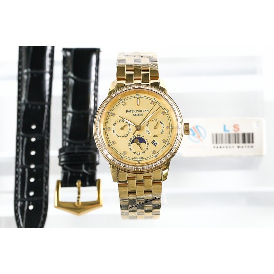 年末巨献“pp时尚新款 PATEK PHILIPPE【新年巨献 最高版本】百达翡丽超级复杂多功能系列(5721P-002)ZF厂高品质钢带款变运动系列原装9100升级版机芯。所有功能同正品(3字位月份显示 6字位24小时显示 9字位24小时和日月星辰显示),和原装一样的带水平压纹工艺,带荧光刻度 ,41mm直径。316L精钢镀金,原装进口蓝宝石水晶镜面。5721和5721P款的外钻为施华洛世奇钻,通透闪亮,气质非凡。在目前技术范畴内尽可能接近原装,此款腕表让您驾驭所有场合。 年末巨献“pp时尚新款 PATEK PHILIPPE【新年巨献 最高版本】百达翡丽超级复杂多功能系列(5721P-002)ZF厂高品质钢带款变运动系列原装9100升级版机芯。所有功能同正品(3字位月份显示 6字位24小时显示 9字位24小时和日月星辰显示),和原装一样的带水平压纹工艺,带荧光刻度 ,41mm直径。316L精钢镀金,原装进口蓝宝石水晶镜面。5721和5721P款的外钻为施华洛世奇钻,通透闪亮,气质非凡。在目前技术范畴内尽可能接近原装,此款腕表让您驾驭所有场合。