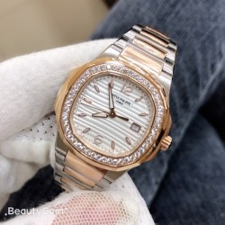 百达翡丽鹦鹉螺系列，女款外径33mm，瑞士原装进口石英585-3机芯，采用原装进口316不锈钢材质，永不磨损蓝宝石镜面，手工镶嵌施华洛世奇水钻，30米深度防水，