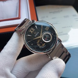 品牌：欧米茄-OMEGA  F9 类型：[酷]男士腕表 双层字面 立体感强表壳：316精钢（做工优质）表带：进口小牛皮/316精钢（两种可选）机芯：高级定制全自动机械机芯（走时稳定）玻璃：高级强化镀膜镜面尺寸：直径40mm，厚度12.5mm 三杰精致推荐男士机械腕表 SJ为你精心挑选超真实c实物图拍摄