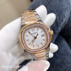 百达翡丽鹦鹉螺系列，女款外径33mm，瑞士原装进口石英585-3机芯，采用原装进口316不锈钢材质，永不磨损蓝宝石镜面，手工镶嵌施华洛世奇水钻，30米深度防水，
