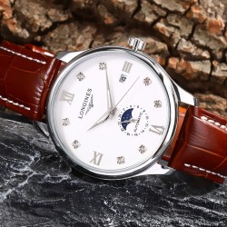 实物拍摄品牌：浪琴-LONGINES 类型：[酷]男士腕表表壳：316精钢（做工优质）表带：进口小牛皮/316精钢（两种可选）机芯：高级定制全自动机械机芯（走时稳定）玻璃：高级强化镀膜镜面尺寸：直径40mm，厚度12.5mm
