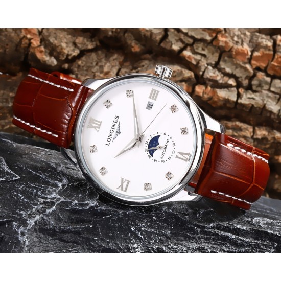 实物拍摄品牌：浪琴-LONGINES 类型：[酷]男士腕表表壳：316精钢（做工优质）表带：进口小牛皮/316精钢（两种可选）机芯：高级定制全自动机械机芯（走时稳定）玻璃：高级强化镀膜镜面尺寸：直径40mm，厚度12.5mm