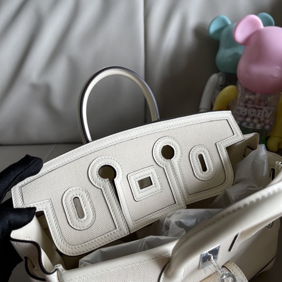 Cream white birkin 25cm cargo, this year's new canvas patchwork swift leather/silver buckle
