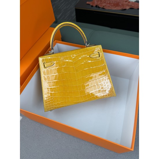 KL25 Amber Yellow Highlighting Nile Crocodile Skin Kelly 25cm