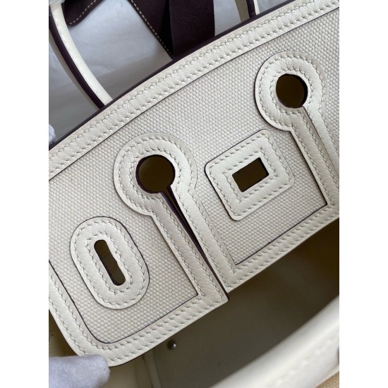 Hand sewn Birkin 25cm Cargo swift woven fabric with creamy silver buckle