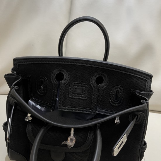 Birkin 25cm cargo canvas bag newly released this year with canvas splicing swift leather/silver buckle Birkin 25cm cargo canvas bag newly released this year with canvas splicing swift leather/silver buckle