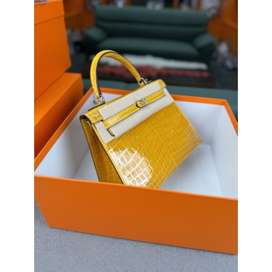 KL25 Amber Yellow Highlighting Nile Crocodile Skin Kelly 25cm