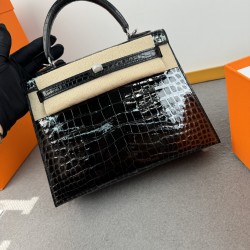 KL25 Amber Yellow Highlighting Nile Crocodile Skin Kelly 25cm
