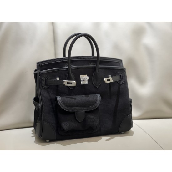 Birkin 25cm cargo canvas bag newly released this year with canvas splicing swift leather/silver buckle Birkin 25cm cargo canvas bag newly released this year with canvas splicing swift leather/silver buckle
