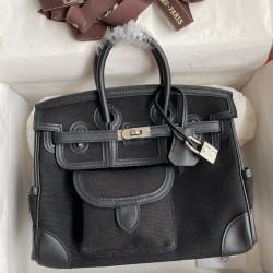 Hand sewn Birkin 25cm Cargo swift woven fabric with black silver buckle
