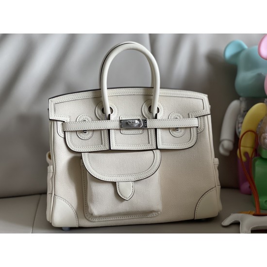 Cream white birkin 25cm cargo, this year's new canvas patchwork swift leather/silver buckle