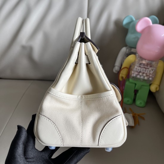 Cream white birkin 25cm cargo, this year's new canvas patchwork swift leather/silver buckle
