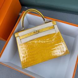 KL25 Amber Yellow Highlighting Nile Crocodile Skin Kelly 25cm