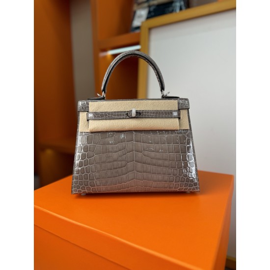 KL25 Amber Yellow Highlighting Nile Crocodile Skin Kelly 25cm