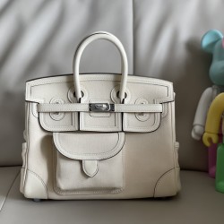 Cream white birkin 25cm cargo, this year's new canvas patchwork swift leather/silver buckle