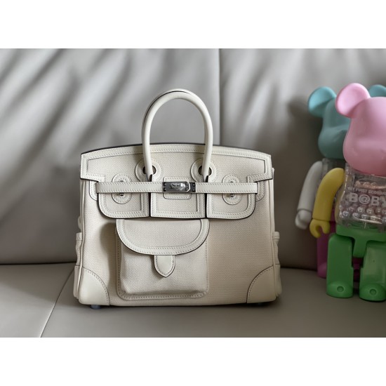 Cream white birkin 25cm cargo, this year's new canvas patchwork swift leather/silver buckle
