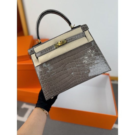 KL25 Amber Yellow Highlighting Nile Crocodile Skin Kelly 25cm