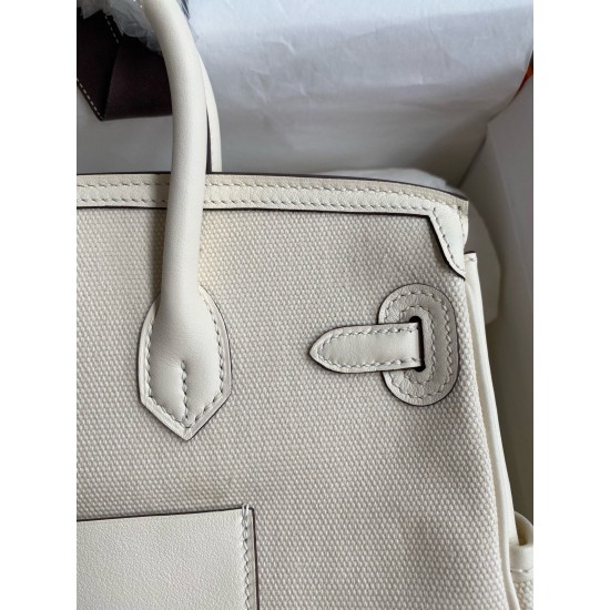 Hand sewn Birkin 25cm Cargo swift woven fabric with creamy silver buckle