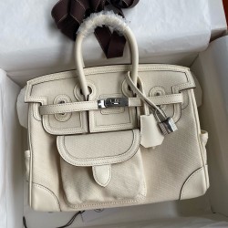 Hand sewn Birkin 25cm Cargo swift woven fabric with creamy silver buckle