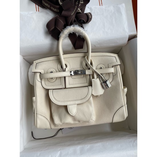 Hand sewn Birkin 25cm Cargo swift woven fabric with creamy silver buckle