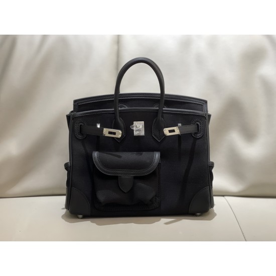 Birkin 25cm cargo canvas bag newly released this year with canvas splicing swift leather/silver buckle Birkin 25cm cargo canvas bag newly released this year with canvas splicing swift leather/silver buckle