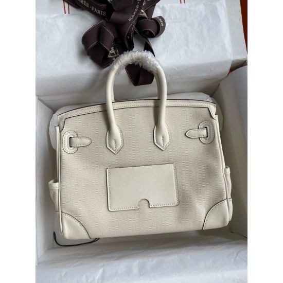 Hand sewn Birkin 25cm Cargo swift woven fabric with creamy silver buckle