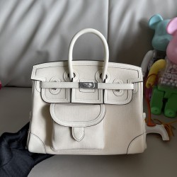 Cream white birkin 25cm cargo, this year's new canvas patchwork swift leather/silver buckle