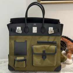 Swift Leather Army Green/Black Birkin HAC 40cm Cargo Canvas Series